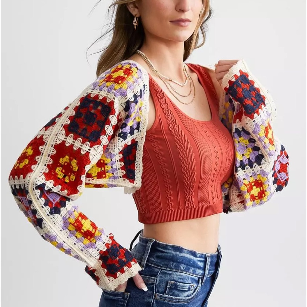 Willow & Root Granny Square Cropped Cardigan Sweater Multicolor S Open weave A5